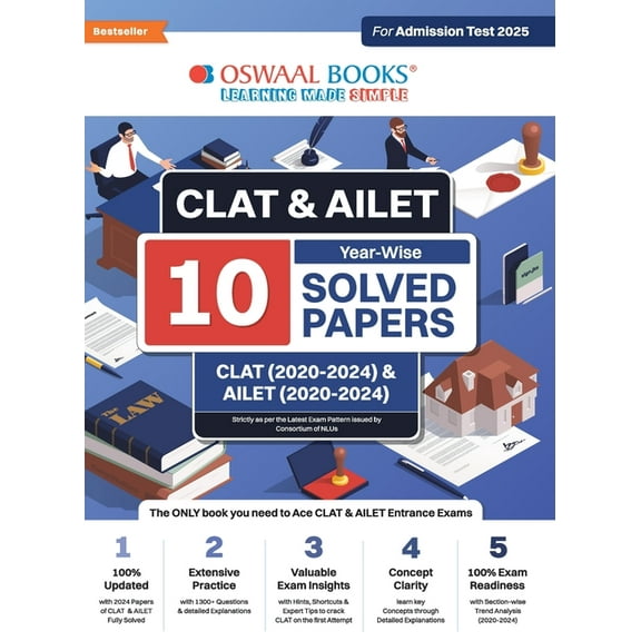 Oswaal CLAT & AILET 10 Previous Years Solved Papers - Year-Wise CLAT (2020 -2024) & AILET (2020 - 2024) For Admission Te, (Paperback)