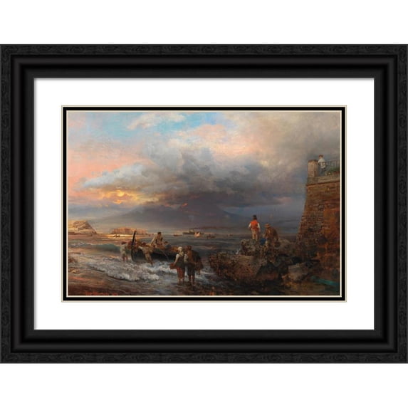 Oswald Achenbach 18x13 Black Ornate Wood Framed Double Matted Museum Art Print Titled - The Bay of Naples with Vesuvius in the Background
