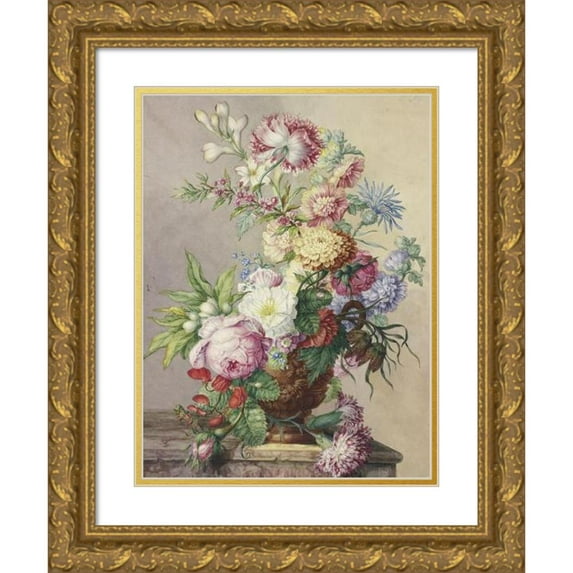 Oswald Wijnen 11x14 Gold Ornate Wood Frame and Double Matted Museum Art Print Titled - Bouquet of Flowers in a Vase on a Marble Table
