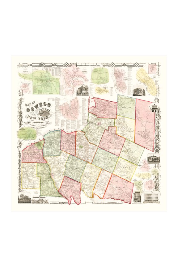 Oswego County New York Art, 1854 Vintage Map of Oswego County NY History Wall Decor Gift, Old Oswego County NY Map - 30" x 30" Unframed Print