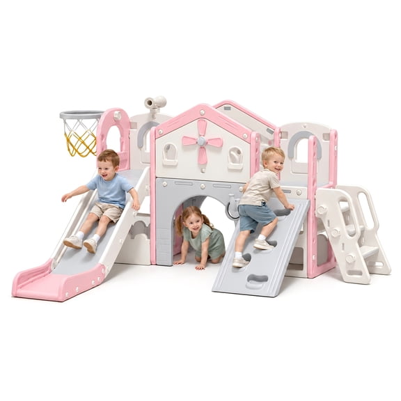 Oswerpon 10-in-1 Toddler Slide Climber Playset, Kids Slide with Climbing Ramp, Basketball Hoop & Foldable Indoor Outdoor Playset for Ages 1-3, Pink