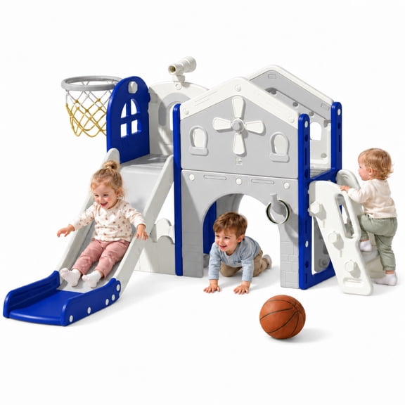 Oswerpon 10-in-1 Toddler Slide, Foldable Indoor Outdoor Playset with Climber, Tunnel & Basketball Hoop, Ages 1-3, Blue Gray