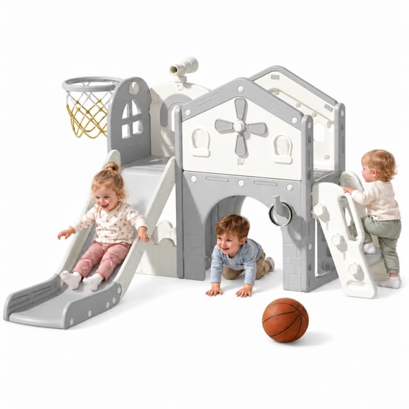 Oswerpon 10-in-1 Toddler Slide, Foldable Indoor Outdoor Playset with Climber, Tunnel & Basketball Hoop, Ages 1-3, White Gray