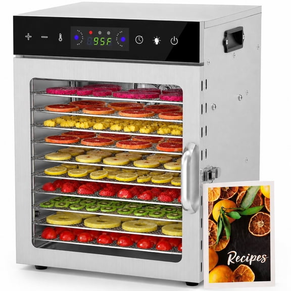 Oswerpon 12 Tray Food Dehydrator Machine, Stainless Steel Food Dryer with Digital Temperature & Timer Control, Dual Fans, 800W, Quiet <48dB, 2 Mesh Screens & Fruit Roll Tray
