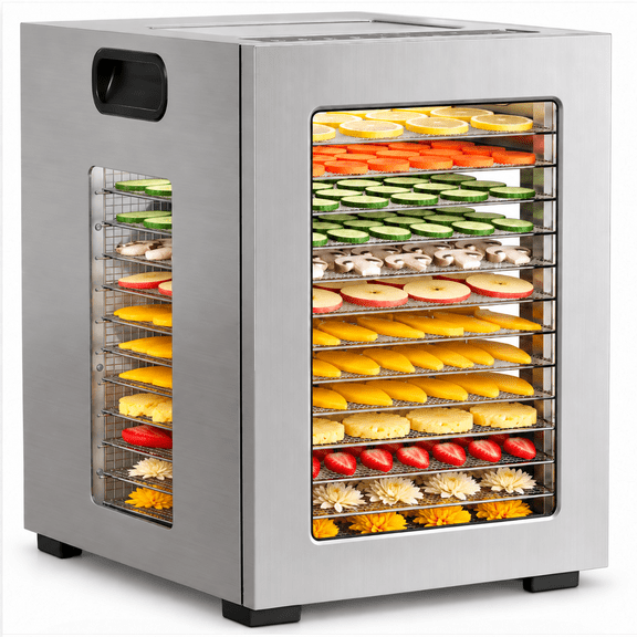 Oswerpon 14 Trays Food Dehydrator Machine, 840W Stainless Steel Meat Dehydrator with Dual Fans, 360° Airflow, 10 Presets, 48H Timer & LED Light