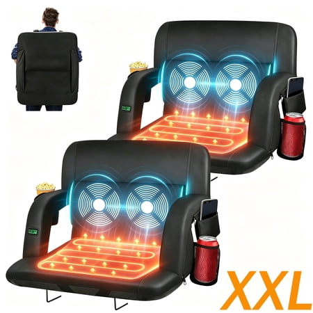 Oswerpon 2PCS 25" Wide Heated Massage Stadium Seats for Bleachers with Back Support, Portable Stadium Chair with Armrest, for Outdoor(Without Battery)