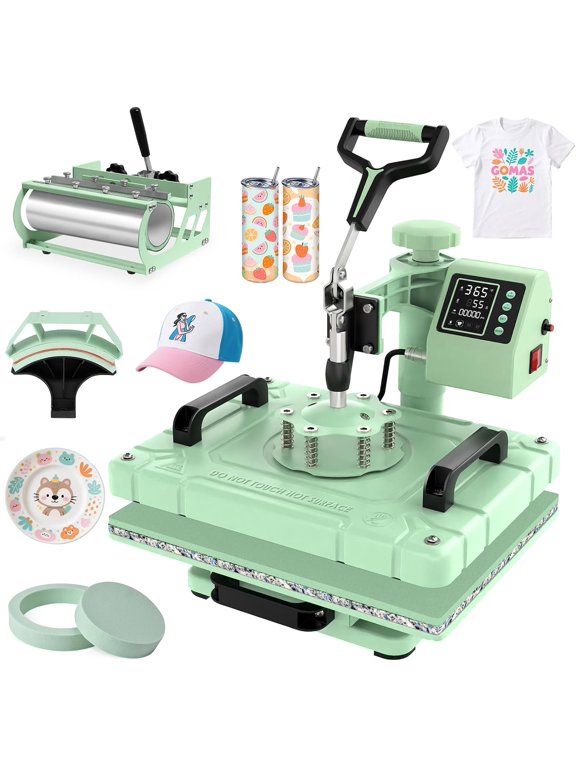 5-in-1 Heat Press Machine, 15" x 12" Heat Transfer Machine, 30 oz Tumbler Attachment, 360° Swing-Away, Digital Temp & Timer, Green