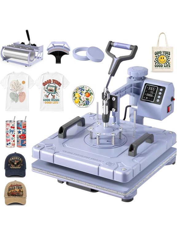 5-in-1 Heat Press Machine, 15" x 15" Sublimation Heat Transfer Machine, 30 oz Tumbler Attachment, 360° Swing-Away, Lavender