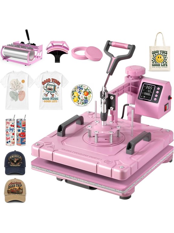5-in-1 Heat Press Machine, 15" x 15" Heat Transfer Machine with 30 oz Tumbler Attachment, 360° Swing-Away, Digital Temp & Timer, Pink