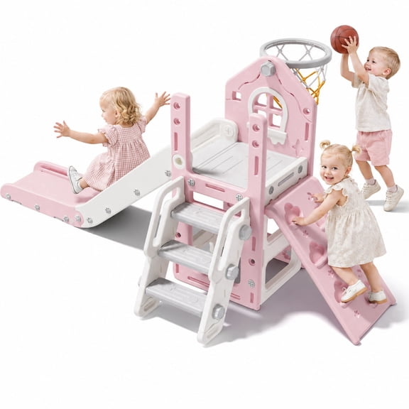 Oswerpon 6-in-1 Toddler Slide, L-Shaped Indoor Outdoor Playset with Climber, Basketball Hoop & Telescope, Ages 1-3, Pink Gray