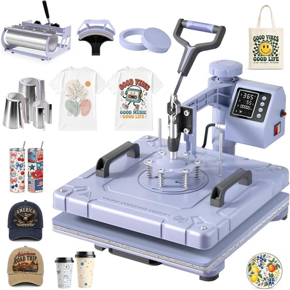 Oswerpon 8-in-1 Heat Press Machine, 15" x 15" Heat Transfer Machine, 30 oz Tumbler Attachment, 360° Swing-Away, Digital Temp & Timer, Lavender