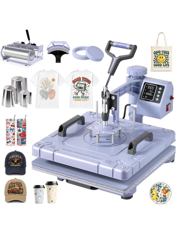 8-in-1 Heat Press Machine, 15" x 15" Heat Transfer Machine, 30 oz Tumbler Attachment, 360° Swing-Away, Digital Temp & Timer, Lavender