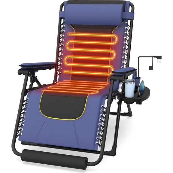 Oswerpon Heated Zero Gravity Chair, Reclining Camping Chair with Headrest, Large Cup Holder and Footrest, Patio Lounge Recliner for Indoor Outdoor,Blue (NO Battery)