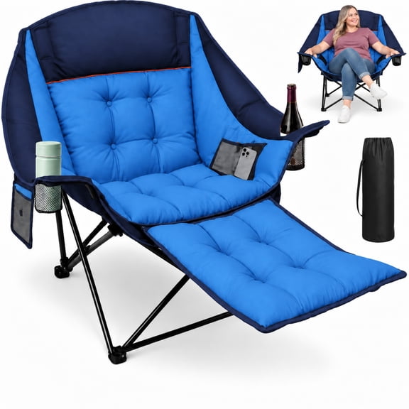 Oswerpon Oversized Camping Chair with Footrest, Heavy Duty Folding Camping Chair for Adults, 500 lbs Capacity, Padded Outdoor Chair with Cup Holder & Side Pocket, Blue