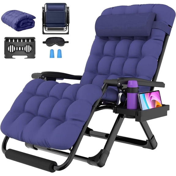Oswerpon Oversized XXL Padded Zero Gravity Lounge Chair, 500-Lb Folding Recliner with Upgraded Lock, Cup Holder, Removable Cushion, Pillow and Footrest for Patio Indoor Outdoor Office, Blue
