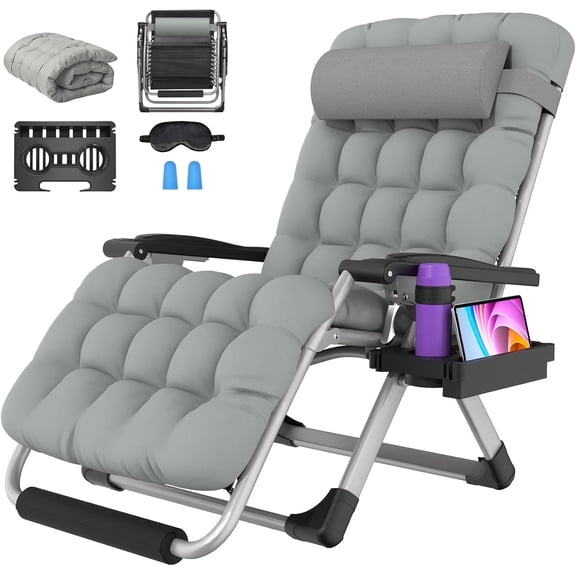 Oswerpon Oversized XXL Padded Zero Gravity Lounge Chair, 500-Lb Folding Recliner with Upgraded Lock, Cup Holder, Removable Cushion, Pillow and Footrest for Patio Indoor Outdoor Office, Gray