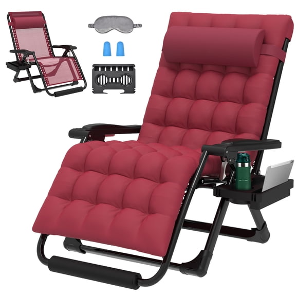 Oswerpon Oversized XXL Padded Zero Gravity Lounge Chair, 500-Lb Folding Recliner with Upgraded Lock, Cup Holder, Removable Cushion, Pillow and Footrest for Patio Indoor Outdoor Office, Red