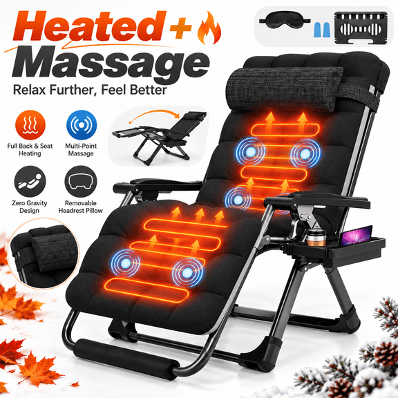 Oswerpon Oversized XL Heated Massage Padded Zero Gravity Lounge Chair, 500-Lb Folding Recliner with Upgraded Lock, Cup Holder, Removable Cushion, Pillow and Footrest for Patio and Office, Black
