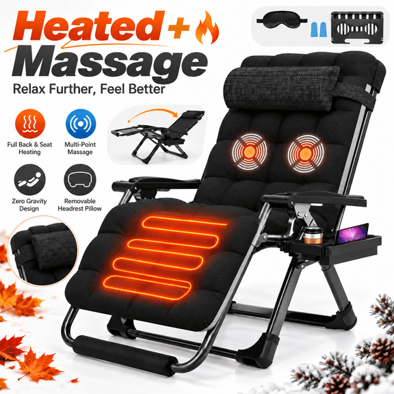 Oswerpon Oversized XL Heated Massage Padded Zero Gravity Lounge Chair, 500-Lb Folding Recliner with Upgraded Lock, Cup Holder, Removable Cushion, Pillow and Footrest for Patio and Office, Black