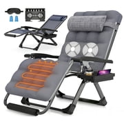 Oswerpon Oversized XL Heated Massage Padded Zero Gravity Lounge Chair, 500-Lb Folding Recliner with Upgraded Lock, Cup Holder, Removable Cushion, Pillow and Footrest for Patio and Office, Fossil Gray