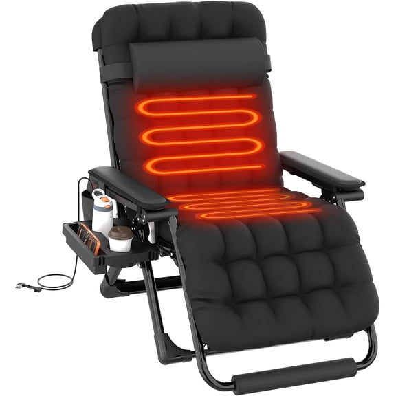 Oswerpon Oversized XXL Heated Padded Zero Gravity Lounge Chair, 500-Lb Folding Recliner with Upgraded Lock, Cup Holder, Removable Cushion, Pillow and Footrest for Patio and Office, Black