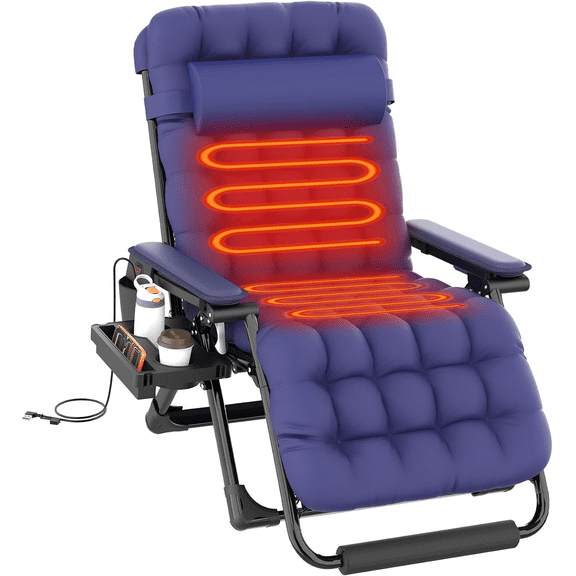 Oswerpon Oversized XXL Heated Padded Zero Gravity Lounge Chair, 500-Lb Folding Recliner with Upgraded Lock, Cup Holder, Removable Cushion, Pillow and Footrest for Patio and Office, Blue