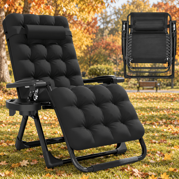 Oswerpon Zero Gravity Chair with Removable Cushion and Cup Holder,Folding Recliner Lounge Chair for Indoor and Outdoor,440 LBS Capacity (Black)
