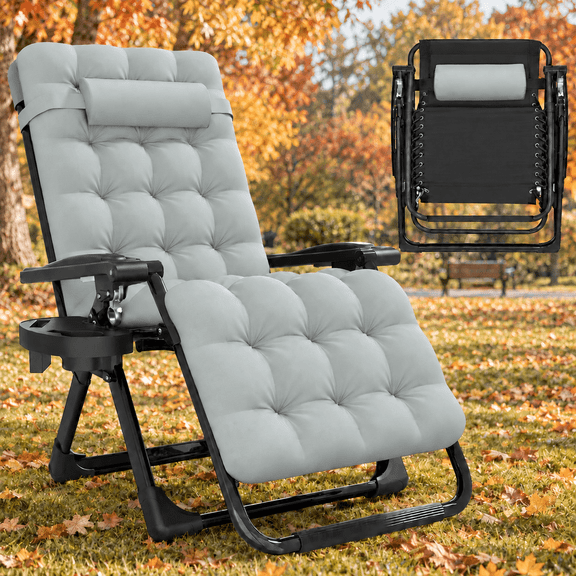 Oswerpon Zero Gravity Chair with Removable Cushion and Cup Holder 440 lbs Capacity Folding Reclining Lounge Chair for Indoor Outdoor Gray