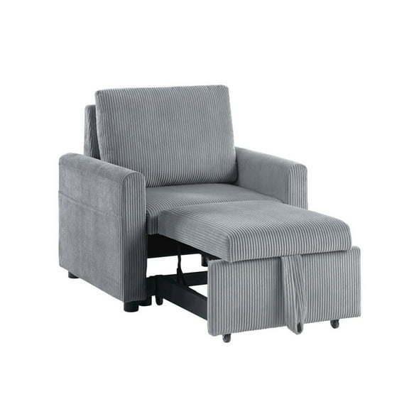 Oswin 32.5"W Gray Corduroy Fabric Armchair with Pull-Out Chaise and Side Pocket