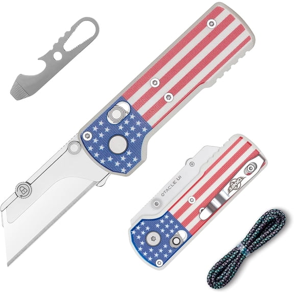Otacle U1 Folding Pocket Utility Knife, Quick Change Box Cutter with Rail Lock, EDC Razor Knife with Pocket Clip for Office, Factory (Stars&Stripes)