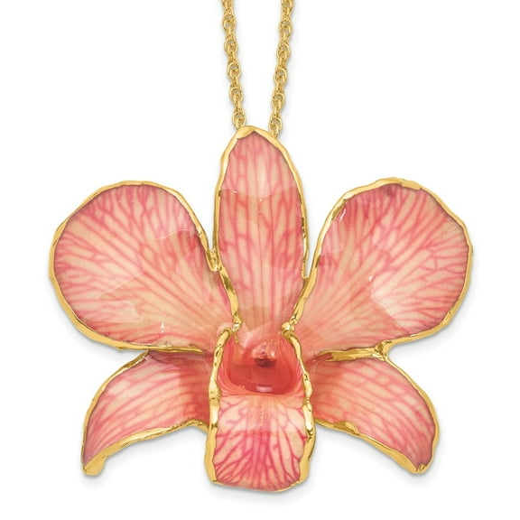 Other Metal Necklace with Pendants Chain 24K Gold-trim Lacquer Dipped Pink Real Dendrobium Orchid 20 inch Gold-tone mm