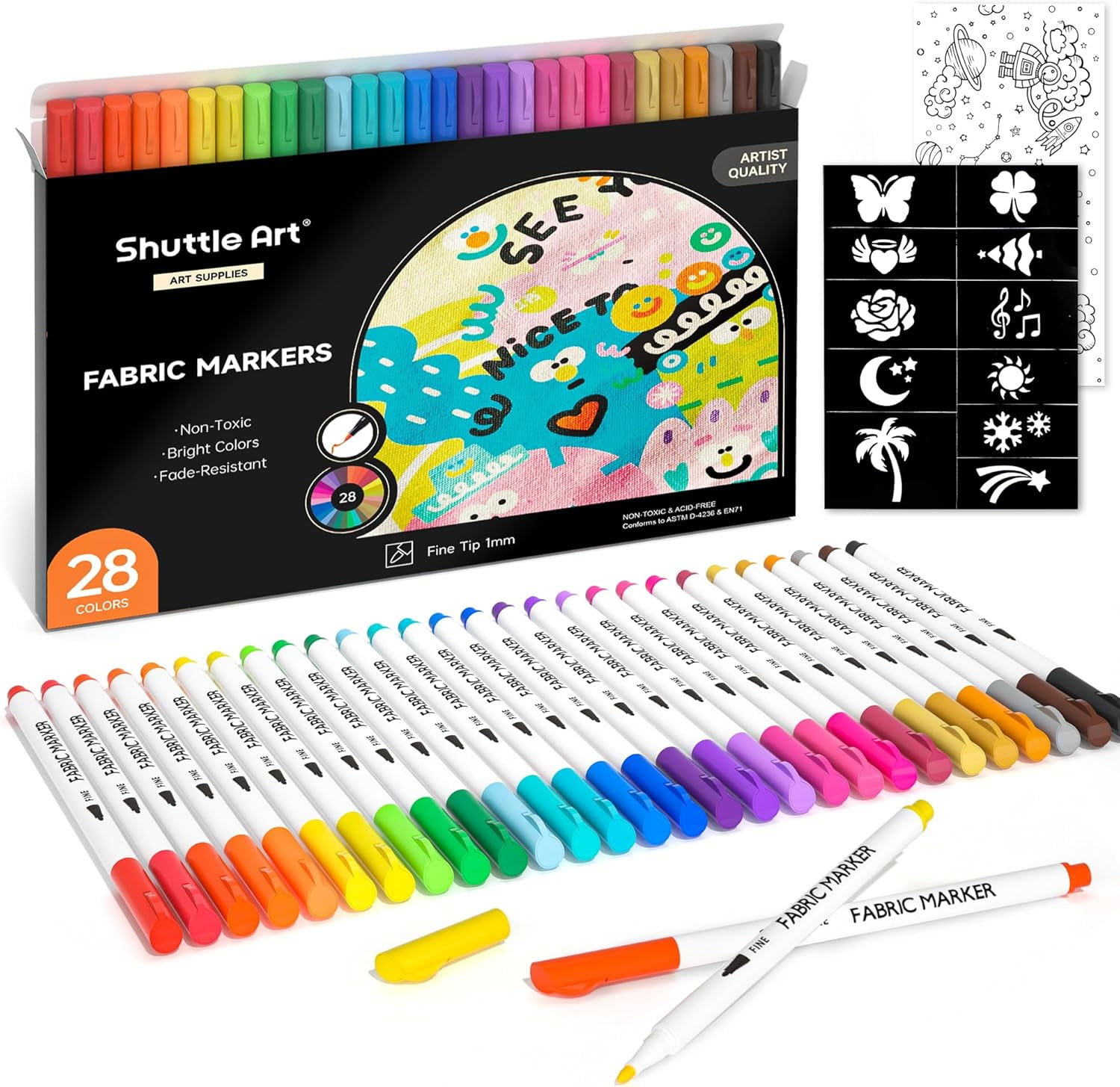 Shuttle Art 28 Colors Fabric Markers, Shirt Permanent Markers for Clothes Sneakers Jeans with 11 Stencils 1 Fabric Sheet, Fabric Pens for all ages Painting Writing