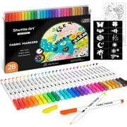 Shuttle Art 28 Colors Fabric Markers, Shirt Permanent Markers for Clothes Sneakers Jeans with 11 Stencils 1 Fabric Sheet, Fabric Pens for all ages Painting Writing
