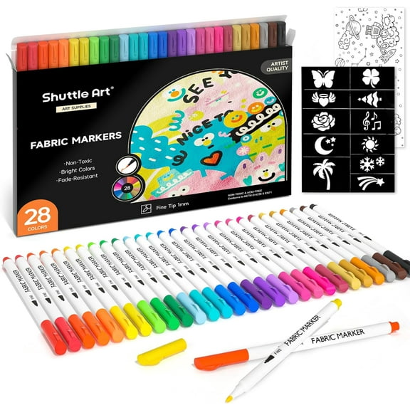 Shuttle Art 28 Colors Fabric Markers, Shirt Permanent Markers for Clothes Sneakers Jeans with 11 Stencils 1 Fabric Sheet, Fabric Pens for all ages Painting Writing