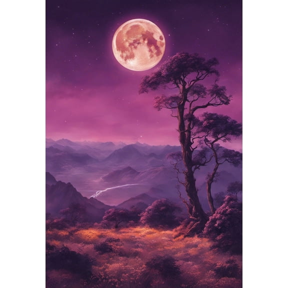 Otherworldly Landscape on a Full Moonlit Night Digital Painting - 12" x 18" Art Print Wall Decor