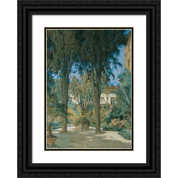 Othmar Brioschi 11x14 Black Ornate Wood Framed Double Matted Museum Art Print Titled: Vedute of the Message in Rome; Garden Area with Two Cypresses (1890-1900)