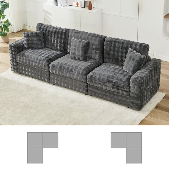 Othniel 124’’ Oversized Modular Sectional Sofa Plush Faux Fur 3 Seater Large Cloud Couch Deep Seat with 3 Pillows Convertible for Living Room,Grey