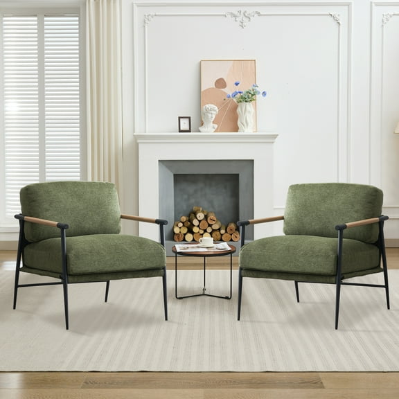 Othniel 2PCS Green Accent Chair Armchair Chenille Mid Century Modern Accent Chair Metal Leg Comfy Cushion