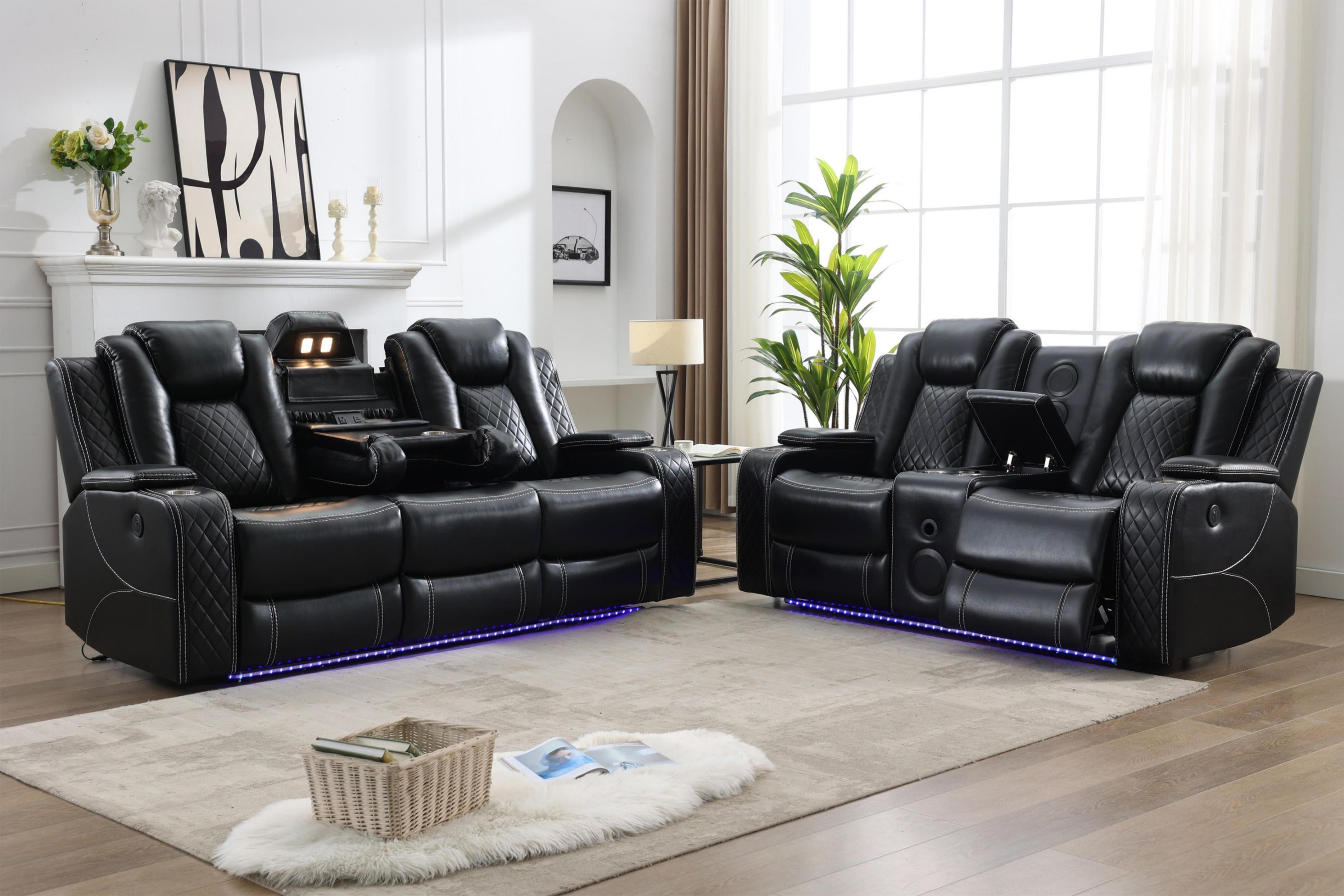 Power Reclining Sofa Set with Zero Gravity, Faux Leather Couch and Loveseat, Bluetooth Speakers, Wireless Charging, LED Lights, Cup Holders, Black