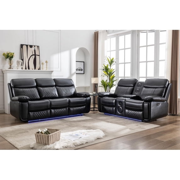 2PCS Power Recliner Sofa Sets with Zero Gravity,Bass Speaker,Wireless Charger LED Light,Type-C/USB Port,Cup Holder,Faux Leather Electric Reclining Couch,Loveseat Set,5 Seater,Black