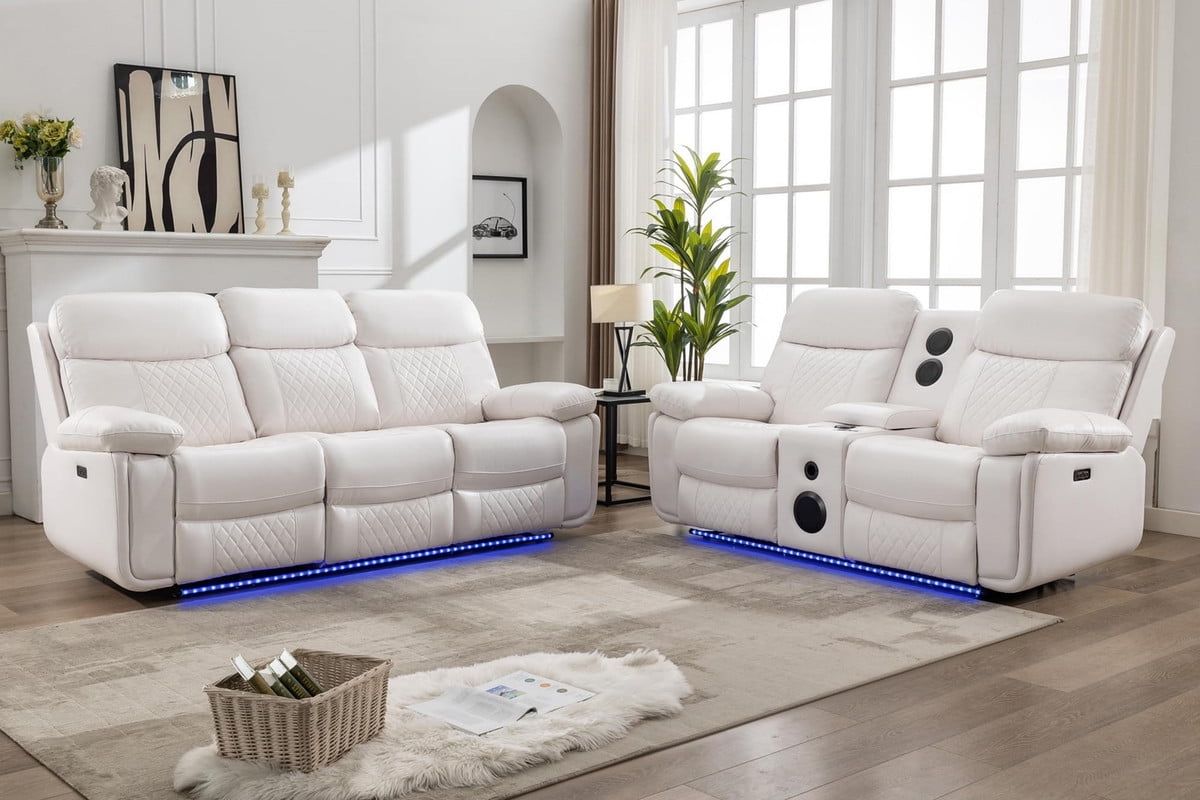 2PCS Power Recliner Sofa Sets with Zero Gravity,Bass Speaker,Wireless Charger LED Light,Type-C/USB Port,Cup Holder,Faux Leather Electric Reclining Couch,Loveseat Set,5 Seater,White