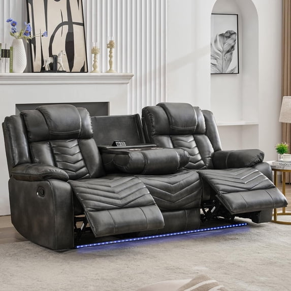 Comfort Stretch 3-Seater Manual Recliner Sofa with Wireless Charger,Zero Gravity,LED Light,USB Ports,Recessed Power Strip ,Reclining Couch with Cup Holders Loveseat for Living Room Faux Leather,Black