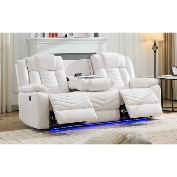 Power Zero Gravity Recliner Sofa with Wireless Charger,USB/Type C Ports,LED Light,Cup Holder,Dual Recliners,Faux Leather Electric Reclining Couch,for Living Room 3 Seater White