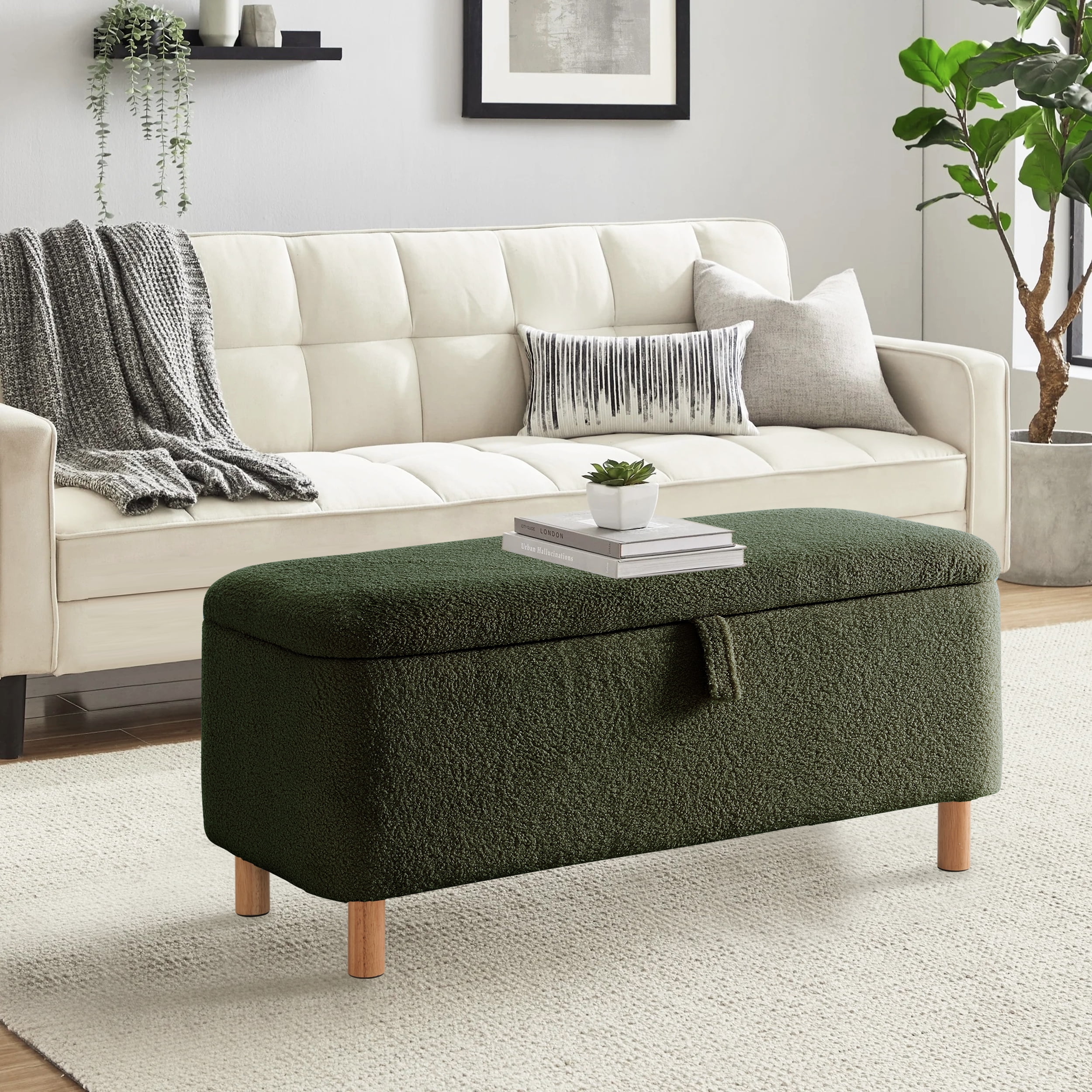 Othniel 39.5" Green Boucle Storage Ottoman Bench Wood Legs Modern Footrest for Living Room Bedroom