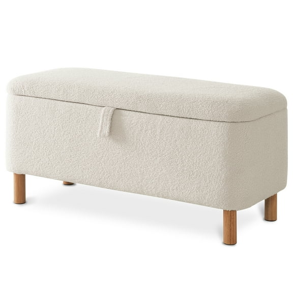 39.5" Boucle Storage Ottoman Bench for Living Room Bedroom Foot Rest End of Bed Wood Leg White