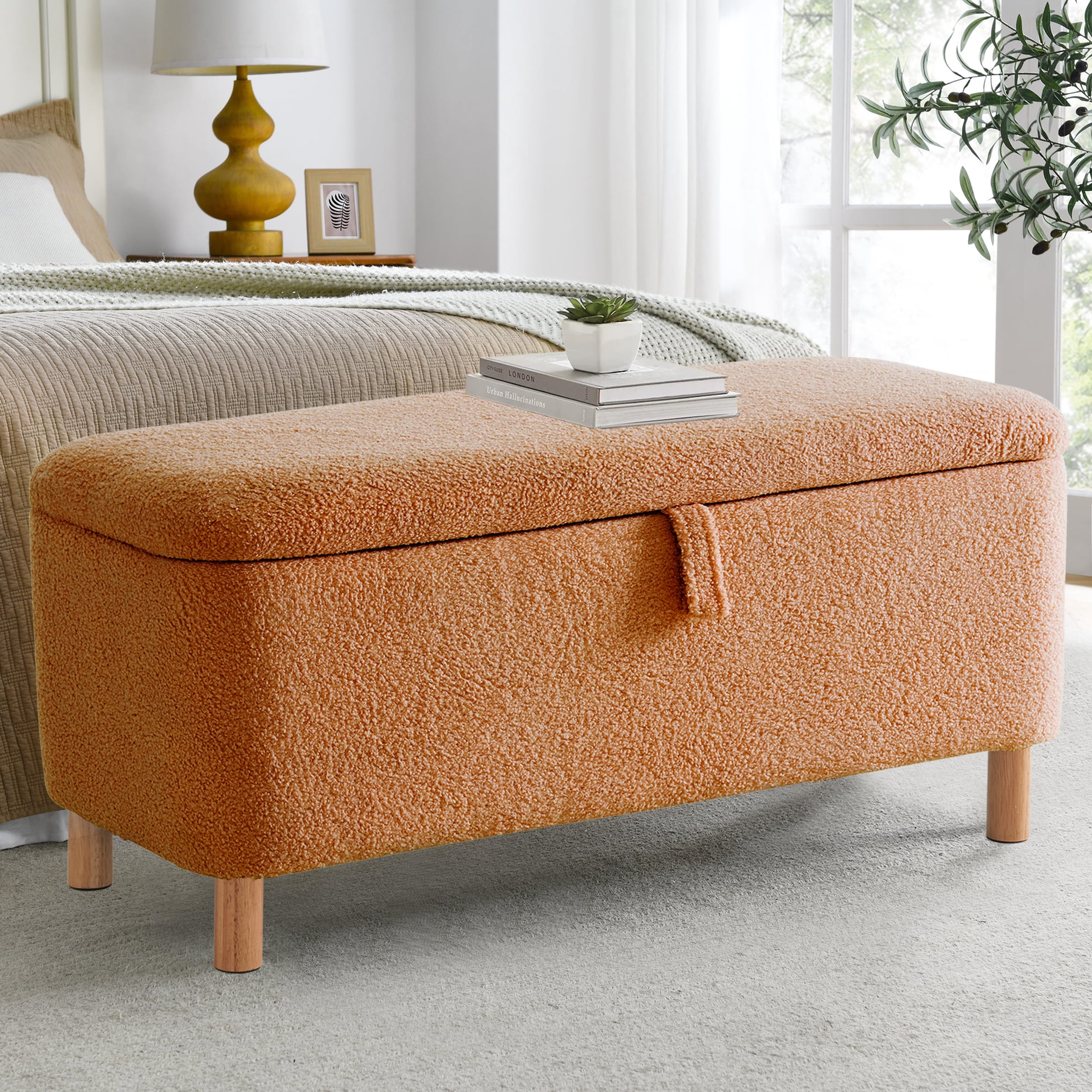 Othniel 39.5" Orange Boucle Storage Ottoman Bench Wood Legs Modern Footrest for Living Room Bedroom