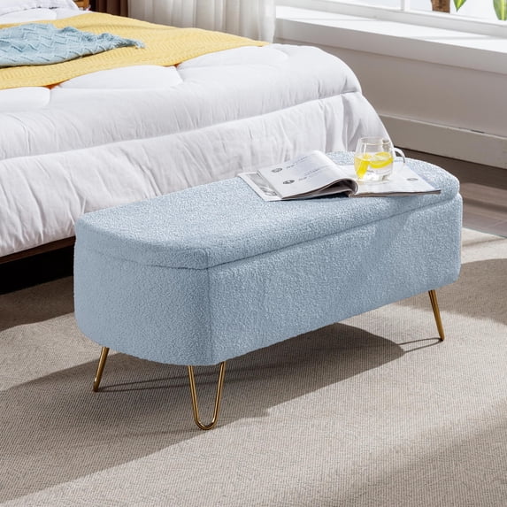 Othniel 39" Blue Boucle Storage Ottoman Bench Gold Legs Modern Footrest for Living Room Bedroom