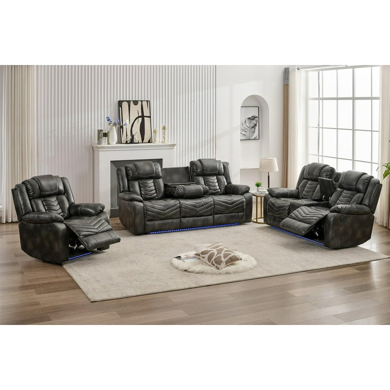 Othniel Power Recliner Sofa Set 6 Seater with Bass Speaker Wireless Charger LED Light Gray
