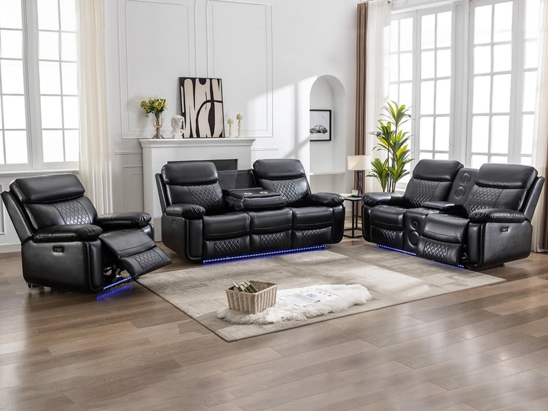 3PCS Power Recliner Sofa Sets with Zero Gravity,Bass Speaker,Wireless Charger LED Light,Type-C/USB Port,Faux Leather Electric Reclining Couch,Loveseat,Recliner Set,6 Seater,Black