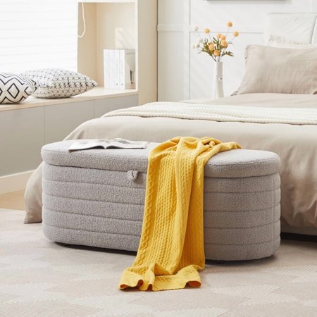 Comfort Stretch 45x16.5 Inch Gray Teddy Storage Ottoman Bench,Oval Footrest with Anti-Slip Legs
